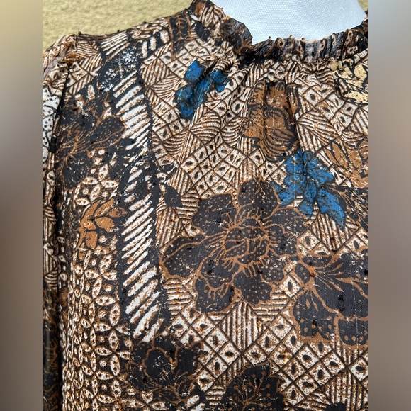 JOIE Long Sleeve Brown Floral and Metallic Blouse - Picture 10 of 13